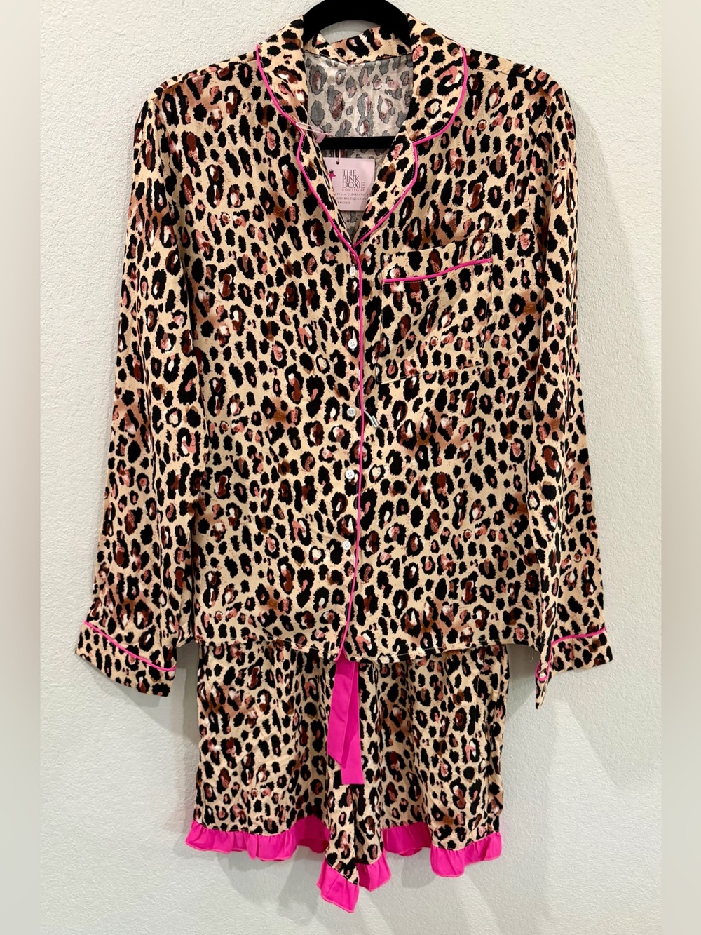 Leopard Animal Print Brown Hot Pink Button Pajamas Ruffle Short Set Small